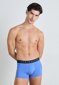 Blaue Boxershorts mit einem schwarzen Bündchen, auf dem der Text "TOMMY HILFIGER" zu sehen ist. Das Material scheint glatt und dehnbar zu sein, mit einem engen Schnitt.