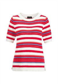 Rood, wit, en blauw gestreepte korte mouwen trui met een ronde halslijn en ribbeltextuur; zijkleppen aan de zoom. Merktag zichtbaar.