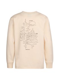 Langarm-Cotton-T-Shirt in Creme mit grafischem Druck von Bäumen und schwarzem "PETROL"-Logo auf der Rückseite. Glatte Textur, normale Passform.