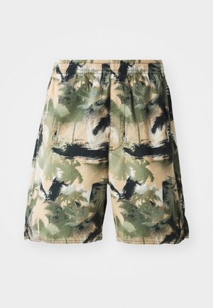 Men's swim shorts featuring a lightweight, breathable fabric with a tropical palm pattern in greens, blacks, and beige. Elastic waistband included.