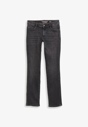 Jeans a gamba dritta in denim grigio scuro con una texture liscia, design a cinque tasche e dettagli di cucitura sottili. Taglia 26/32.