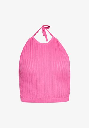 Rózsaszín, bordázott, nyakba köthető top. Az anyag texturált megjelenésű, függőleges vonalakkal az egész felületén.