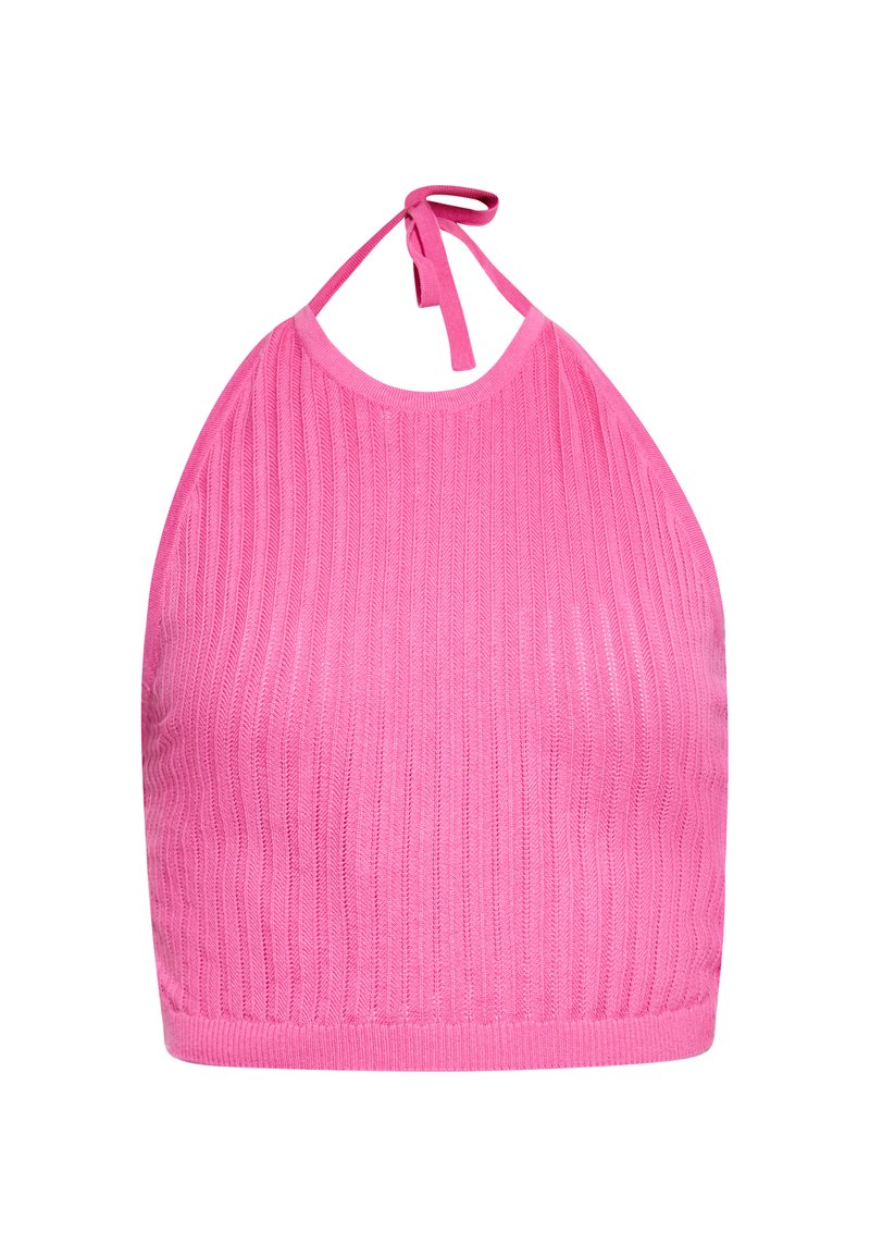 Roze geribde haltertop met een striknek. De stof heeft een gestructureerde uitstraling, met verticale lijnen overal.