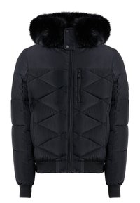 Giacca puffa nera con cappuccio staccabile bordato in pelliccia, design a rombi, zip frontale e polsini e orlo a coste.
