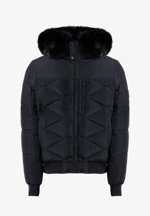 Schwarze Daunenjacke mit abnehmbarem, fellbesetztem Kapuze, diamantförmiger Steppdesign, Frontreißverschluss und gerippten Bündchen und Saum.