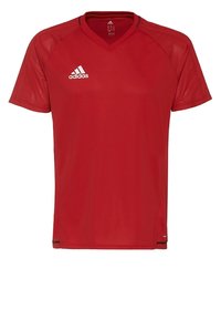 Jersey deportivo rojo de Adidas de manga corta con cuello en V y logo blanco de Adidas en el lado derecho del pecho.