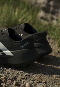 Черни маратонки Terrex за бягане по пътеки на каменист терен с зелена трева и каменна стена на размазан фон.