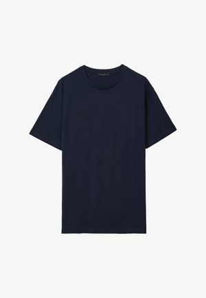T-shirt a manica corta blu navy con scollo rotondo, design semplice, esposto su sfondo bianco.