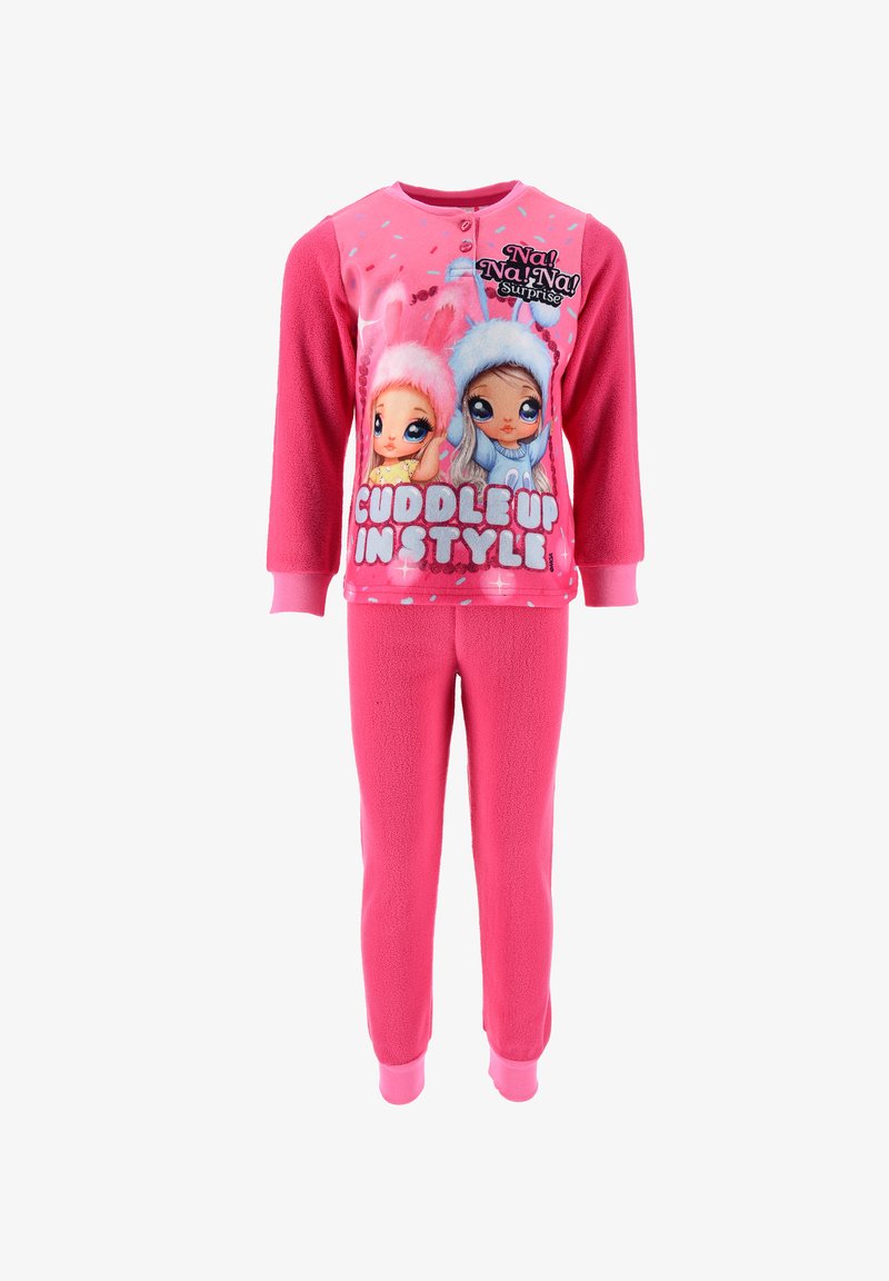 Rosa Fleece-Pyjamas mit langen Ärmeln, die ein Motiv von zwei Cartoonfiguren, den Text "STILVOLL KUSCHELN" und rosa gerippte Bündchen zeigt.