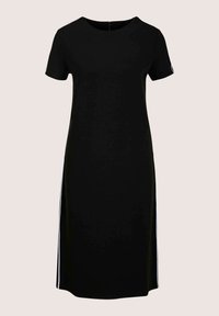 Schwarzes knielanges Kleid mit kurzen Ärmeln, rundem Ausschnitt und weißen Streifen an den Seiten. Hergestellt aus glattem Stoff mit geradem, lockerem Schnitt.