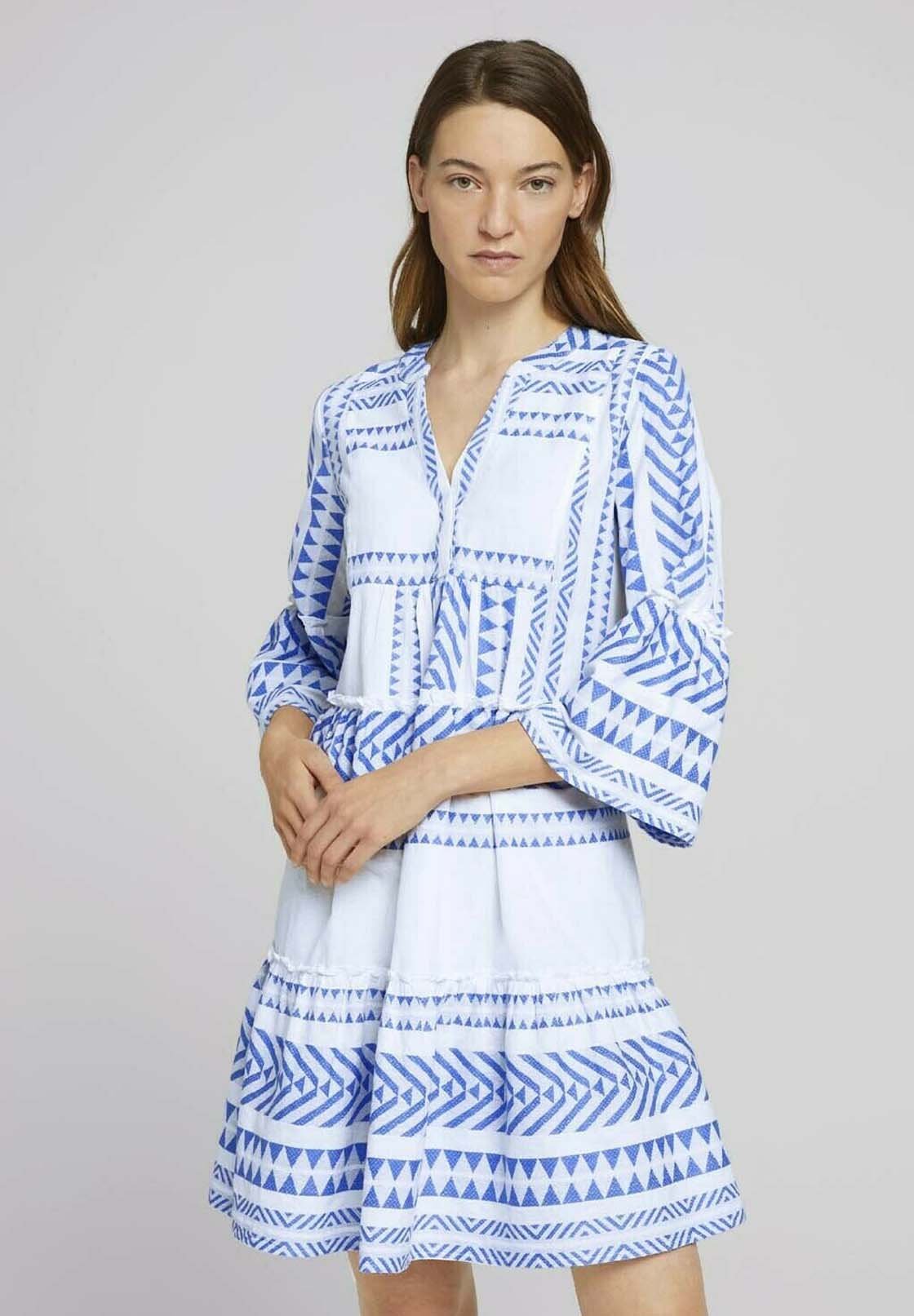 Tom Tailor Dress Freizeitkleid White Blue Large Ikat Design Blau Zalando De 