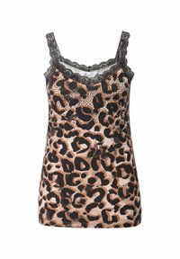 Camicetta con stampa leopardata in tonalità di marrone e nero. Presenta spalline sottili e un bordo in pizzo nero lungo il décolleté. Texture liscia.