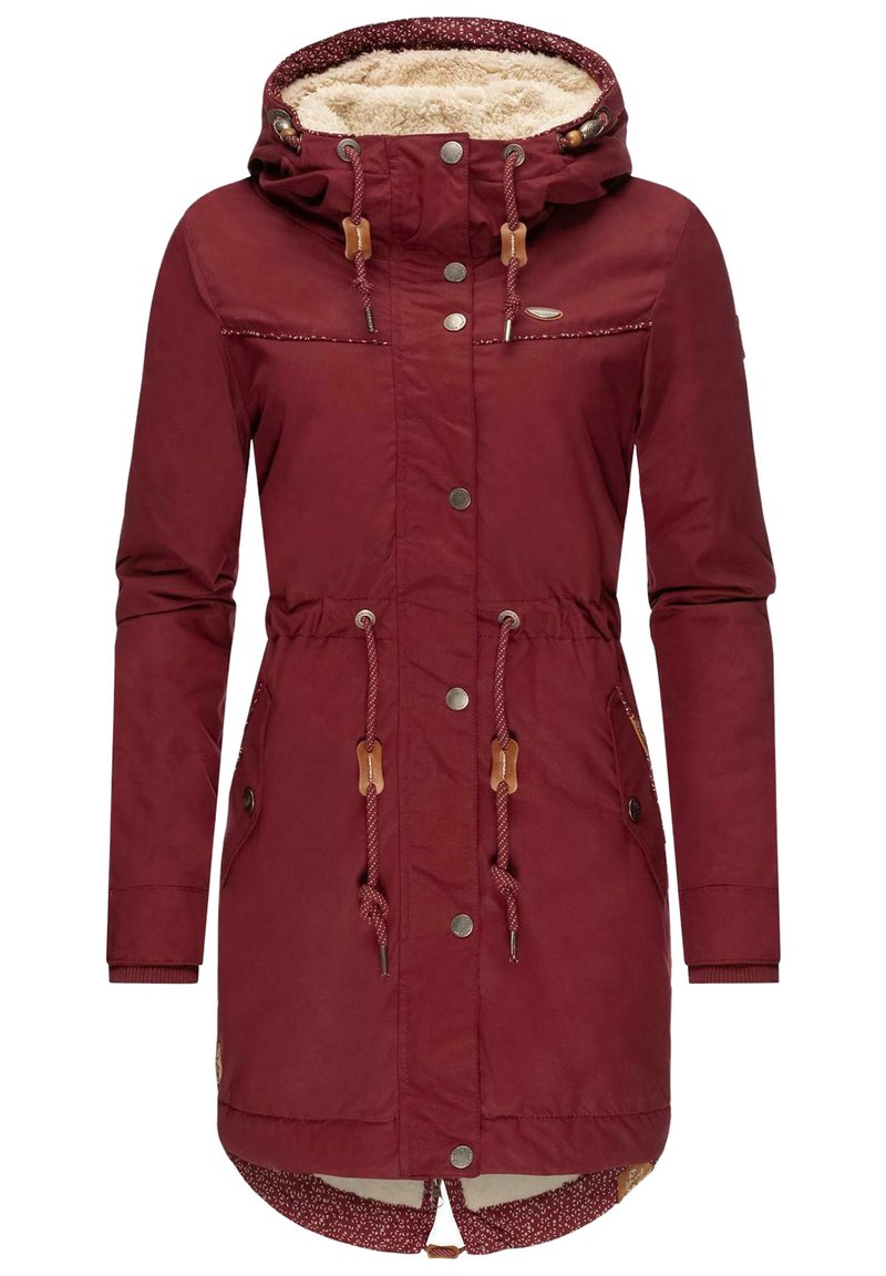 Parka bordeaux con cappuccio foderato in pelliccia, vita regolabile con coulisse, tasche laterali, chiusura con bottoni a pressione e zip, e fodera a motivo floreale.