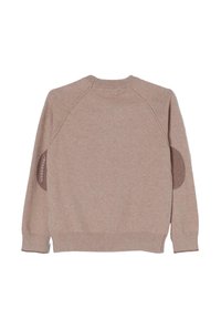 Maglione beige a maglia con colletto a girocollo coste, maniche a raglan e toppe scure sui gomiti. Design semplice, texture morbida e polsini aderenti.