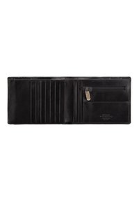 Cartera de cuero negra con múltiples ranuras para tarjetas, un compartimento para monedas con cremallera y logo de marca en relieve. Textura suave y diseño minimalista.