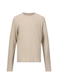 Beige gestreiftes Langarm-T-Shirt mit Rundhalsausschnitt und geradem Schnitt. Weiche Textur mit vertikalen Linien, die über den Stoff verlaufen.