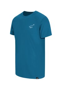 Turquoise katoenen t-shirt met een ronde hals, korte mouwen en een witte logo-detail op de borst. Gladde textuur, casual pasvorm.
