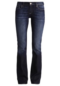 Donkerblauwe bootcut jeans met lichte vervaging op de dijen, voor sluiting met een knop, ri loops en een klassieke vijf-pocket ontwerp.