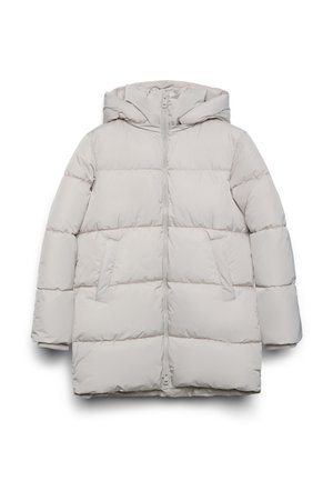 Doudoune d'hiver gris clair rembourrée avec capuche, fermeture éclaire à l'avant et poches latérales, posée à plat sur un fond blanc.