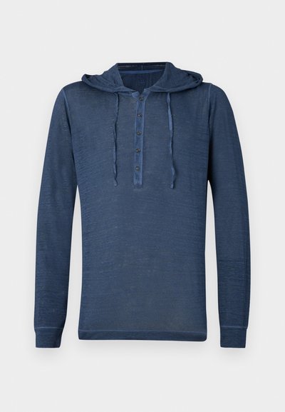 Navy blue long-sleeve hooded shirt made of lightweight fabric, featuring a five-button placket, drawstring hood, and ribbed cuffs.