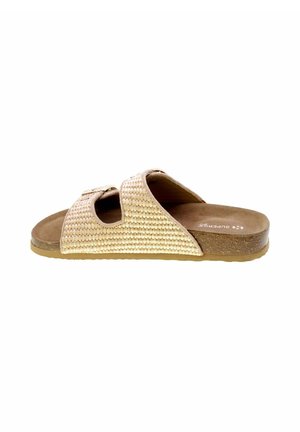 Sandalo beige intrecciato con due cinturini, fibbia regolabile e suola imbottita marrone, mostrato di lato su sfondo bianco.