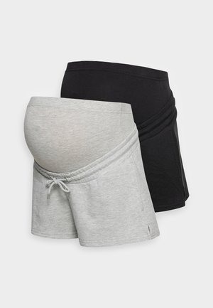 Shorts de maternité en gris et noir, fabriqués en coton doux mélangé, dotés d'une taille ajustable et d'un design décontracté, avec des poches.