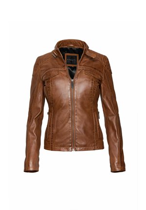 Bruine leren jack met een ritssluiting, hoge kraag en twee voorzakken. Geweven details op de schouders en zijkanten. Glad binnenvoering.