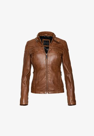 Pruun nahktagi, millel on tõmblukk, kõrge krae ja kaks eesmist taskut. Tekstuurilised detailid õlgadel ja külgedel. Sile sisevooder.