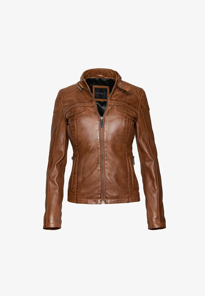 Bruine leren jack met een ritssluiting, hoge kraag en twee voorzakken. Geweven details op de schouders en zijkanten. Glad binnenvoering.