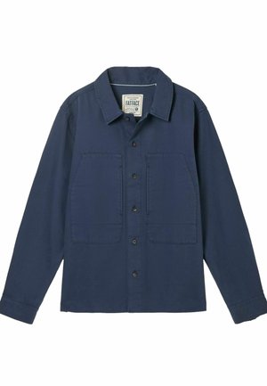 Marineblaue Hemdjacke aus weichem Stoff, mit klassischem Kragen, zwei Brusttaschen und langen Ärmeln mit Knopfmanschetten.