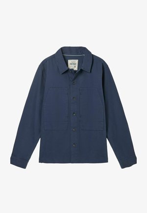 Marineblaue Hemdjacke aus weichem Stoff, mit klassischem Kragen, zwei Brusttaschen und langen Ärmeln mit Knopfmanschetten.