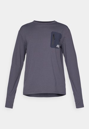 Long-sleeve gray shirt made of lightweight fabric, featuring a navy pocket with a zipper on the left chest and a rounded neckline.