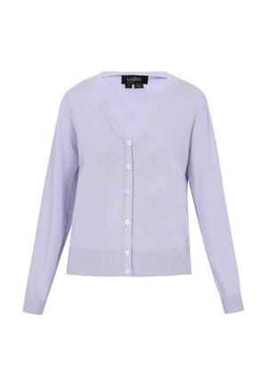 Cardigan tricotat lila cu decolteu în V, mâneci lungi și șase nasturi albi pe față. Țesătură texturată cu tiv și manșete ribbate.