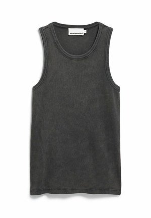 Mouwloos donkergrijs tanktop met een ronde halslijn, platte naden en een zachte textuur. Label zichtbaar aan de binnenzijde van de halslijn.