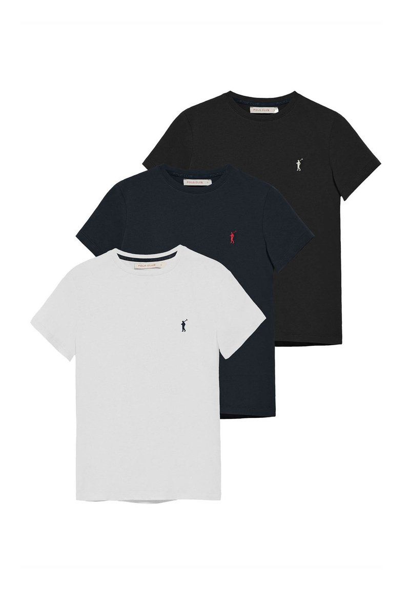 Tres camisetas de manga corta apiladas: blanca con logo azul marino, azul marino con logo rojo y negra con logo blanco. Todas son de algodón y de corte casual.