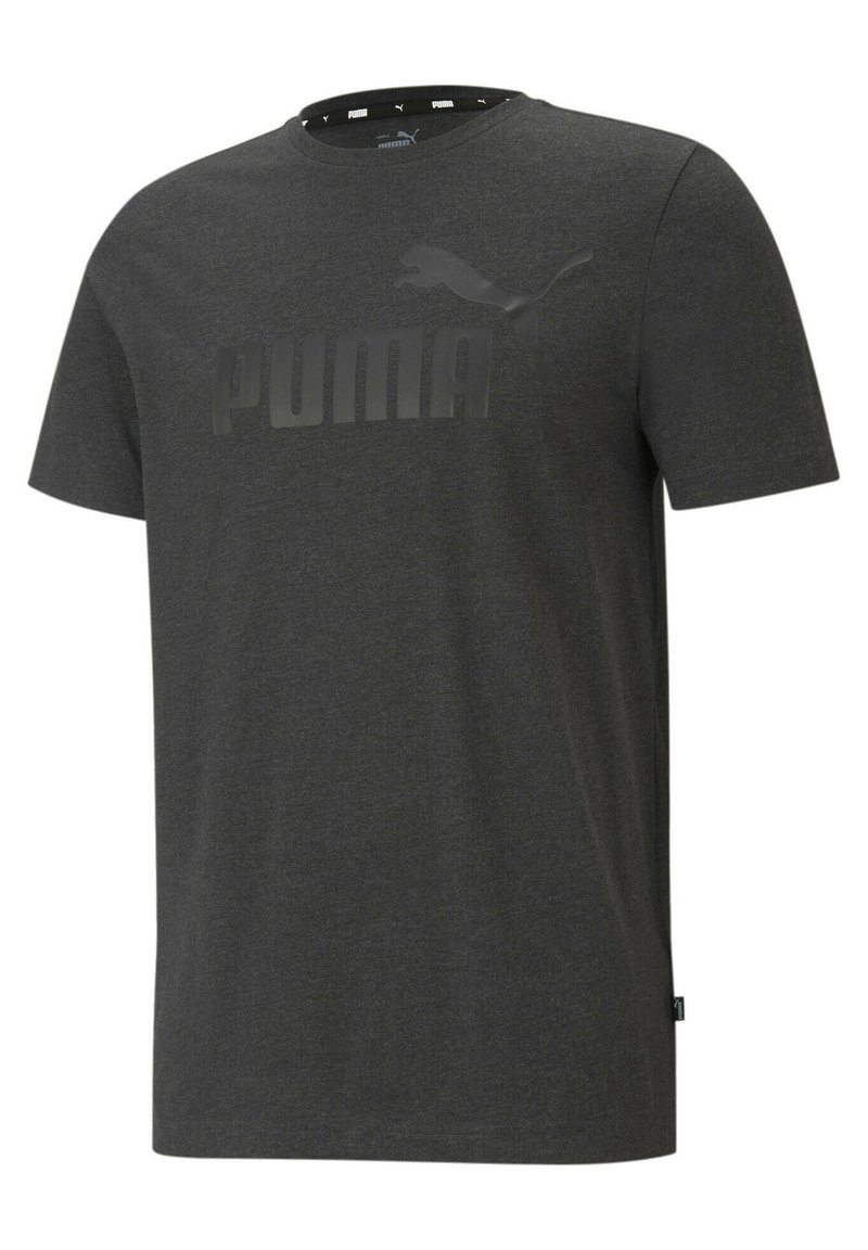 Pilkos medvilnės marškinėliai su dideliu juodu PUMA logotipu priekyje, trumpomis rankovėmis, apvaliu iškirpimu ir lygiu paviršiumi.