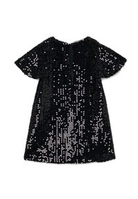 Robe noire couverte de sequins, avec des manches courtes, une coupe loose et une fermeture au dos. Les sequins présentent un effet dégradé de brillance.