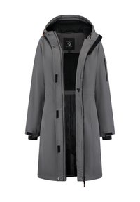 Vattentät grå lång kappa med huva, med framsidans dragkedja och tryckknappsstängning, elastiska ärmslut och en innerfoder.