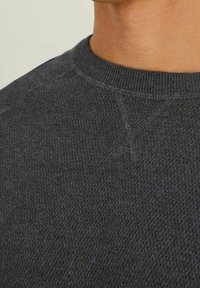 Mörkgrå stickad tröja med ribbad rund halsringning, som har en texturerad yta och subtila sömnadsdetaljer runt axlarna.