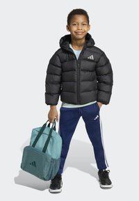 Giacca imbottita nera con cappuccio, chiusura frontale con zip e logo. Camicia azzurro chiaro, pantaloni da corsa blu con strisce laterali, scarpe nere, che tiene uno zaino color teal.