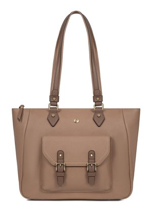 Borsa tote in pelle marrone con due manici superiori, tasca frontale con patta assicurata da due fibbie e chiusura con zip sulla parte superiore.