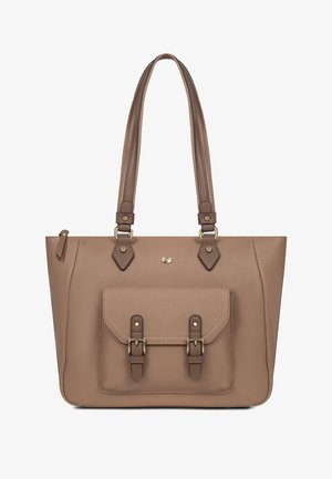 Bruine lederen draagtas met dubbele bovenhandvatten, voorvak met flap dat is beveiligd met twee gespen en een ritssluiting bovenop.