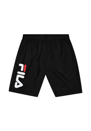 Black athletic shorts with elastic waistband and large white and red FILA logo on the left leg.