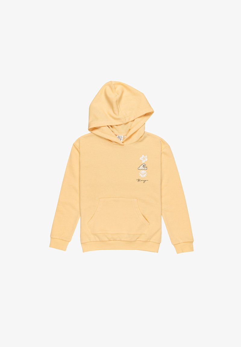 Žltá mikina s kapucňou, z kombinácie bavlny, predná vrecko, nastaviteľná kapucňa, obsahuje grafiku vĺn a kvetov v bielej farbe, rebrované manžety a lem.