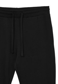 Schwarze Jogginghose mit elastischem Bund, Schnürzug und strukturiertem Stoff. Verfügt über Seitentaschen und eine glatte Oberfläche.