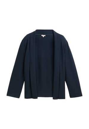 Donkerblauwe cardigan, open voorkant, lange mouwen, zachte textuur, minimalistisch ontwerp zonder knopen of sluitingen, gladde stofafwerking.