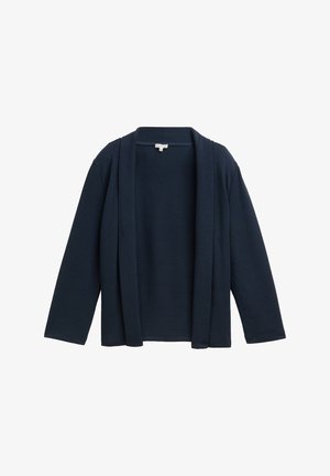 Dark navy cardigan, open front, long sleeves, soft texture, minimalistic design with no buttons or fasteners, smooth fabric finish.