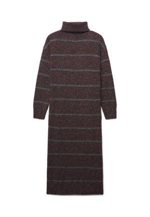 Abito a maniche lunghe in maglia a coste di colore borgogna scuro con strisce orizzontali grigie chiare. Presenta un collo alto e un design dritto che arriva fino al pavimento.