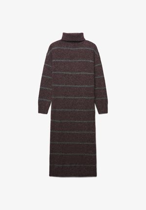 Abito a maniche lunghe in maglia a coste di colore borgogna scuro con strisce orizzontali grigie chiare. Presenta un collo alto e un design dritto che arriva fino al pavimento.