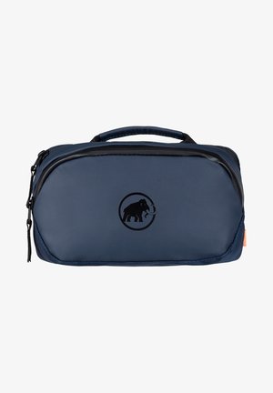 Trousse de toilette bleu marine avec une finition texturée, forme arrondie, poignée supérieure et un logo d'éléphant noir dans un design circulaire.